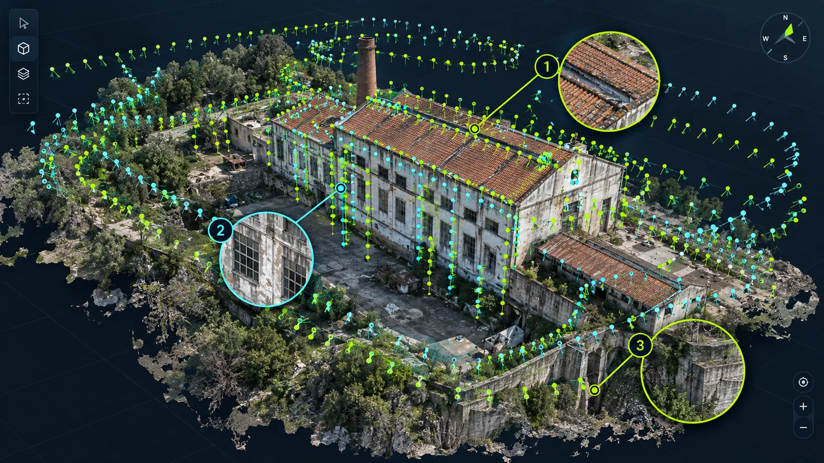Exemplo demonstrativo da cobertura fotográfica usada para criar um modelo 3D
