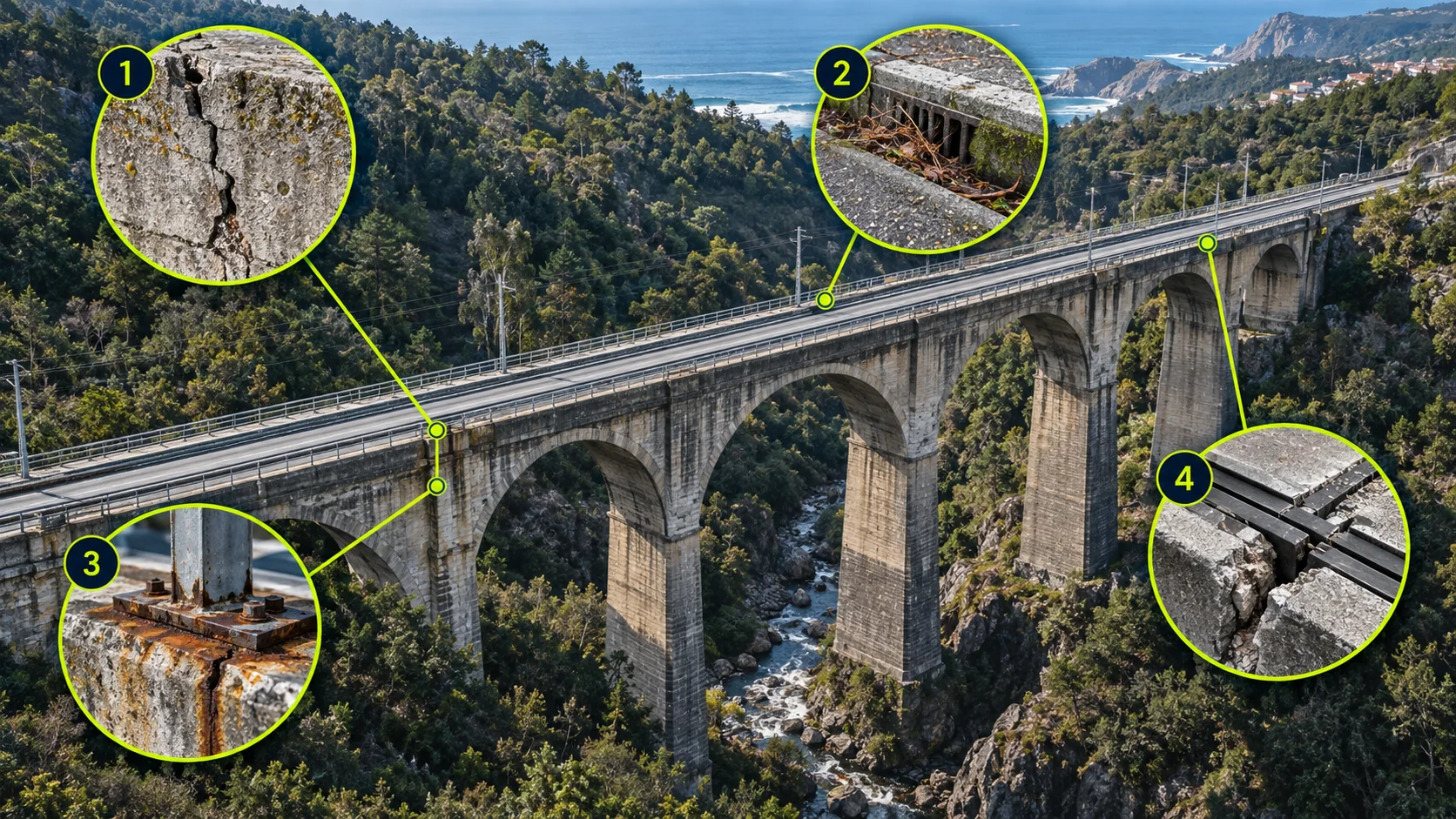 Exemplo demonstrativo de inspeção visual de uma ponte com detalhes ampliados